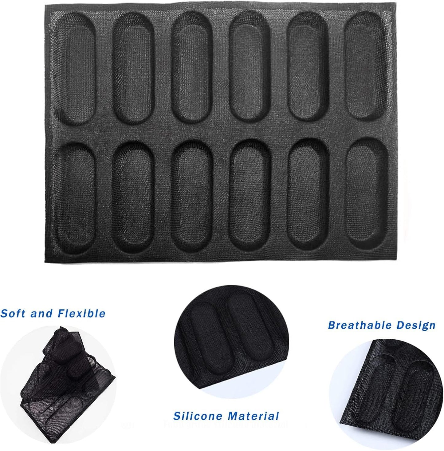 Silicone Bread Loaf Pan for Baking, Mini Baguette Bread Pan Perforated Hot Dog Bun Pan 12 Loaf Non Stick Baking Liners Mat