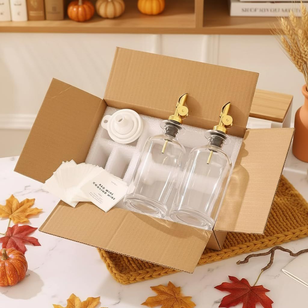 Olive Oil Dispenser Bottle - Includes  Kitchen Essential Labels - Cooking Oil Bottles for Kitchen, Coffee Syrup Dispenser - Pourer Spout with 16.9 fl oz Glass Container Cruet - 2pcs, Gold