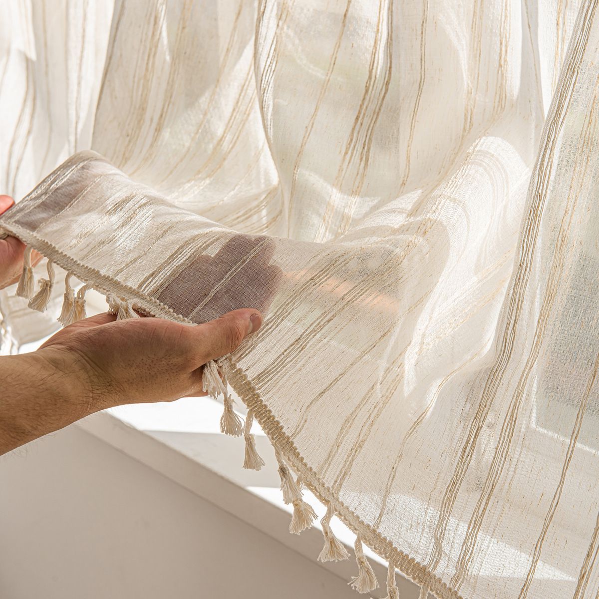 Deeprove Boho Textured Valance Tier, Neutral Bohemian Farmhouse Chic Kitchen Closet Textured Burlap with Tassels, Window Treatment Small Linen Stripe Curtain Wall Decor, 1 Panel 57" W x 24" L