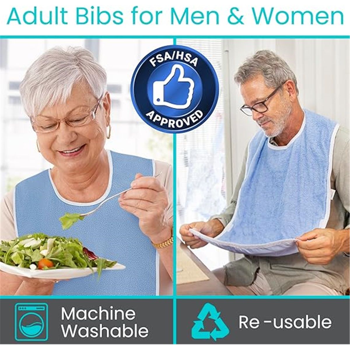 2pcs Adult Bibs - Waterproof Apron Set for Men, Women for Eating with Adjustable Strap - Washable Reusable Large Terry Cloth