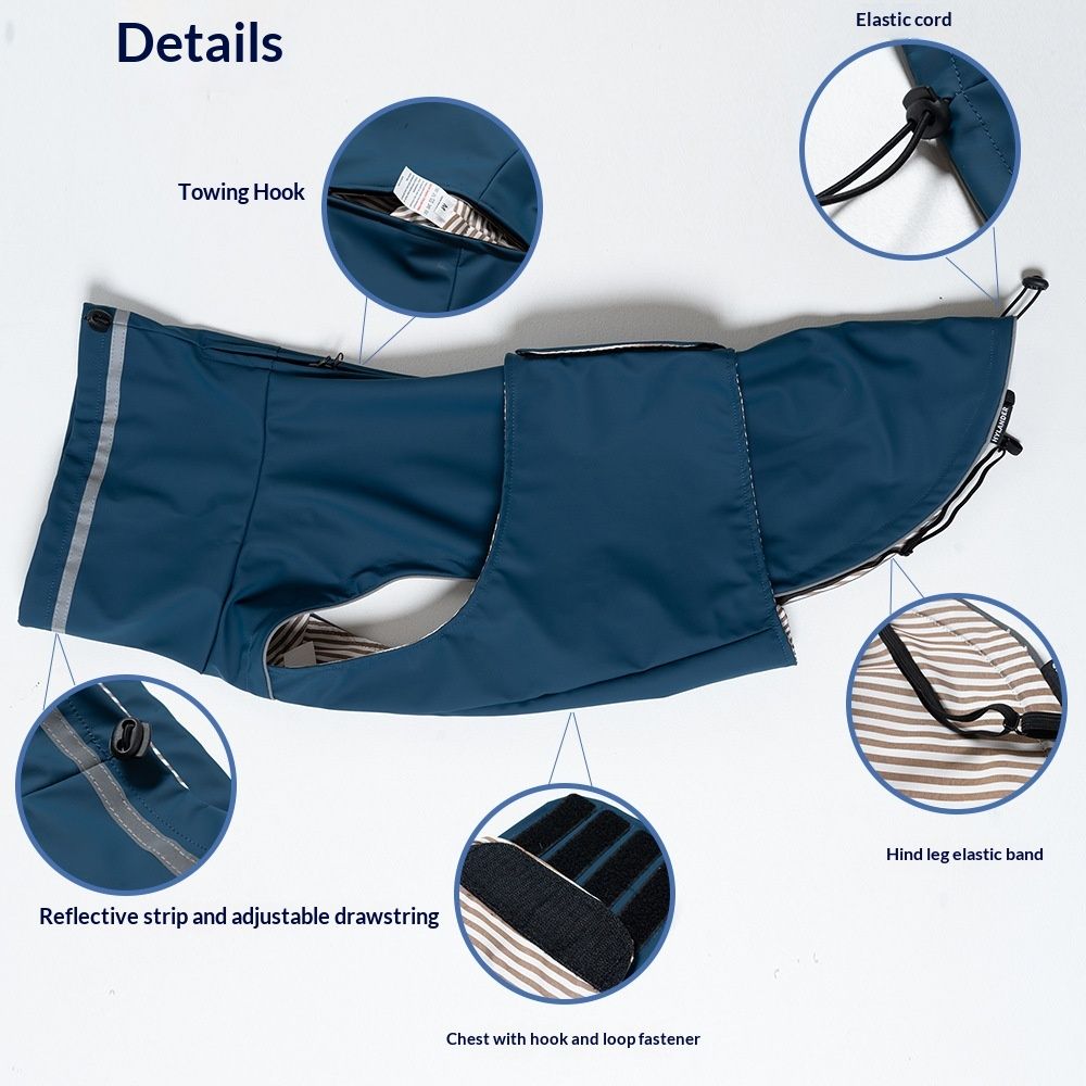 Dog spring jacket, waterproof and dustproof high neck pet dog raincoat, windproof extended cover, deep blue S