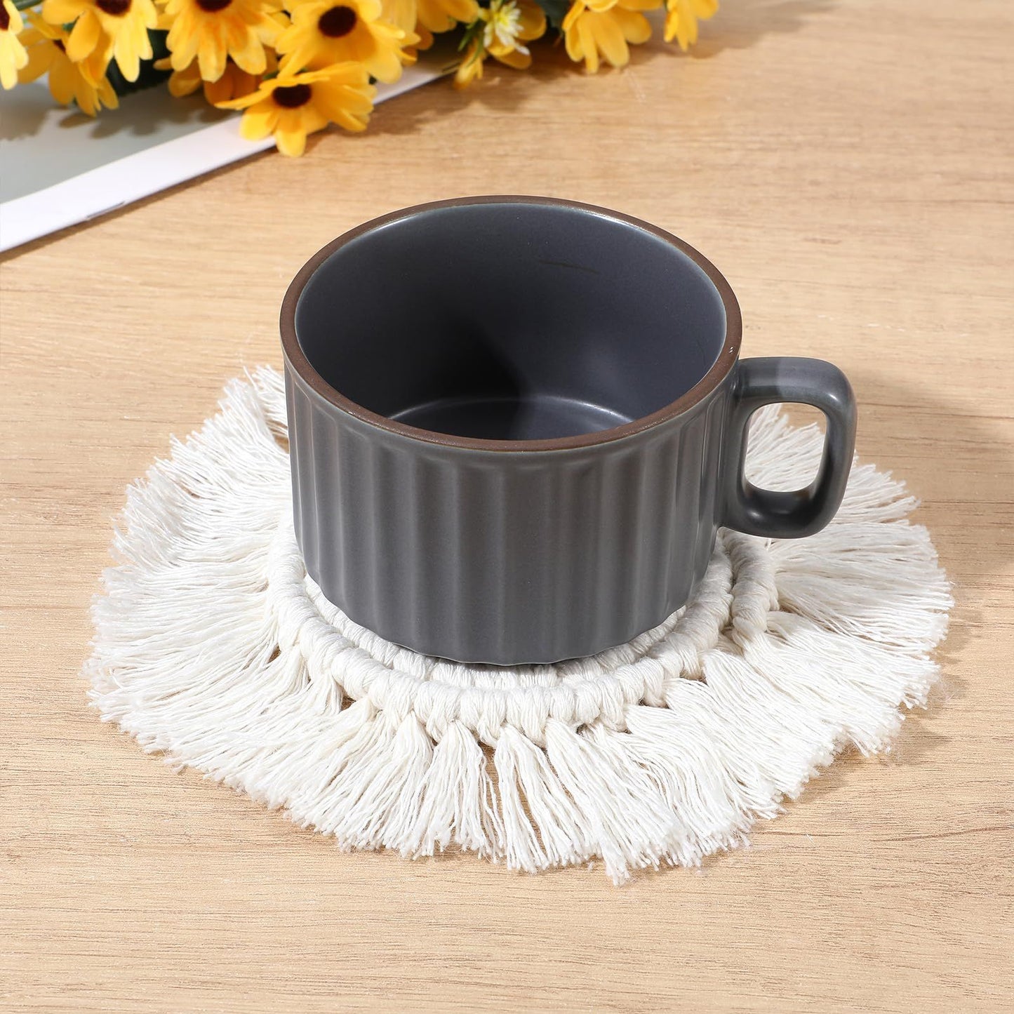 4 PCS Boho Coasters for Drinks Absorbent, Cotton Coasters for Wooden Table Round Drink Coaster Set with Tassels Housewarming Gift Bar Coffee Table Office Desk Decor