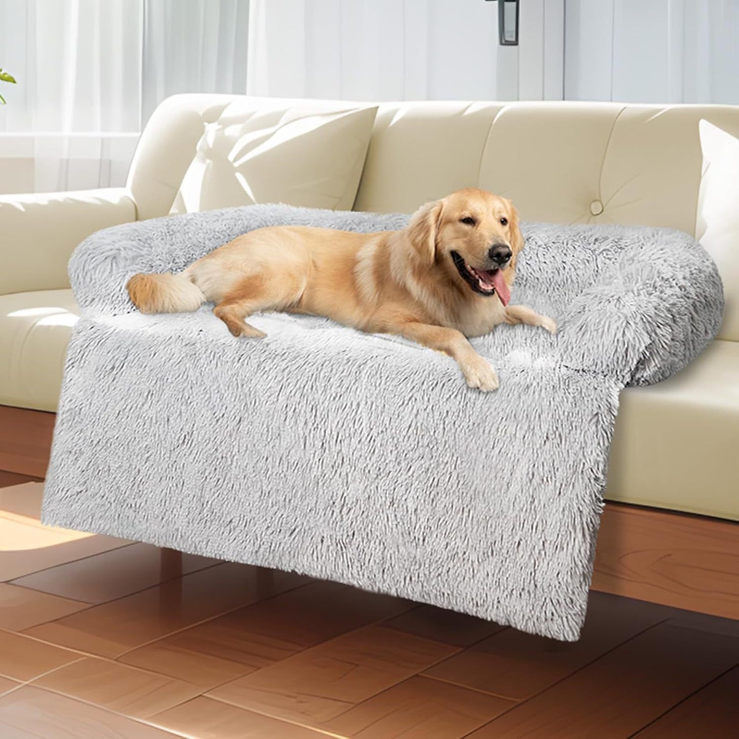 Calming Dog Bed Fluffy Plush Dog Mat for Furniture Protector with Removable Washable Cover for Large Medium Small Dogs and Cats (S Light Grey)