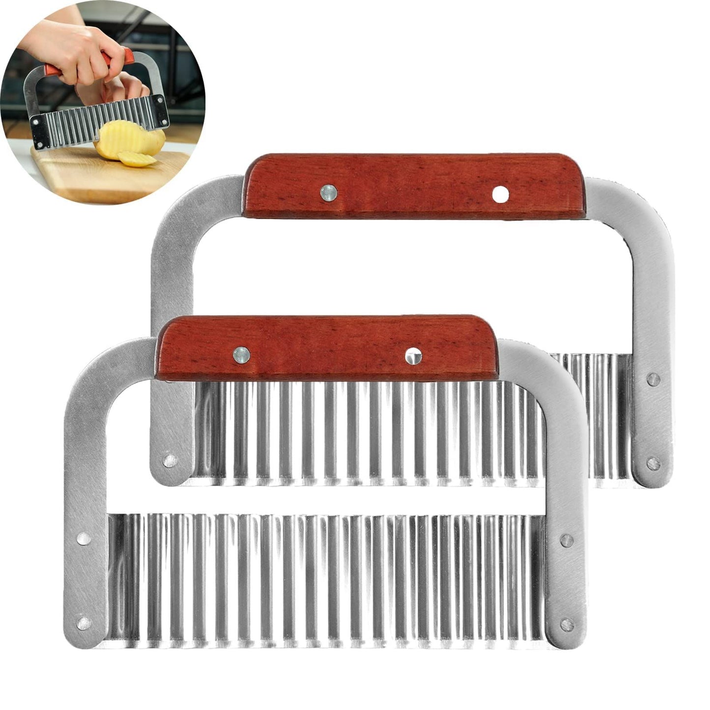 Wavy Potato Soap Cutting Tool French Fry Slicer Stainless Steel Blade Wooden Handle Serrator Chopping Knife, Set of 2