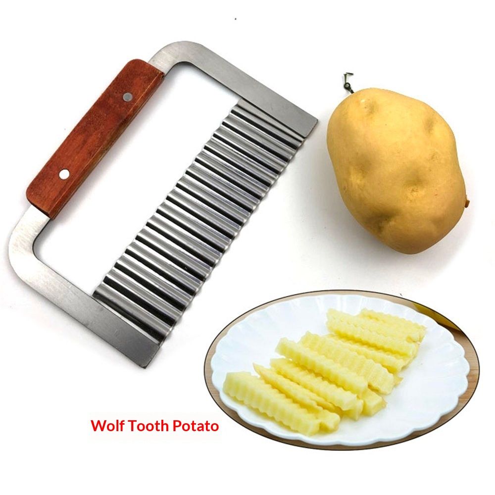 Wavy Potato Soap Cutting Tool French Fry Slicer Stainless Steel Blade Wooden Handle Serrator Chopping Knife, Set of 2