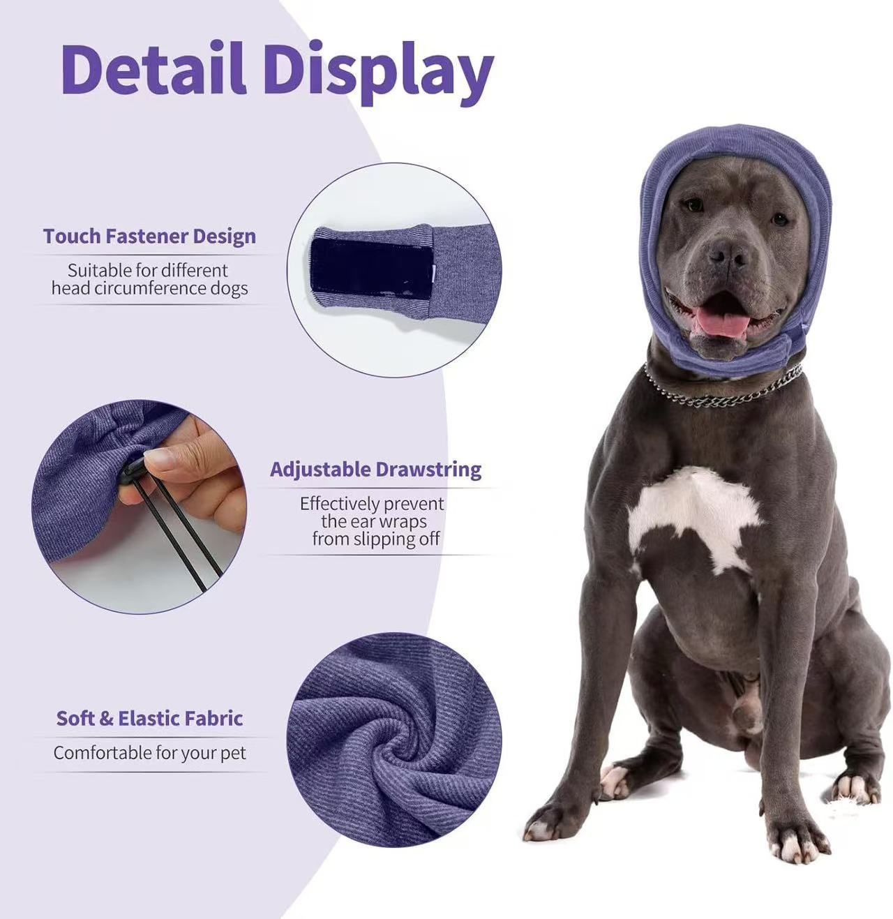 Dog Calming Hoodie, No Shake Ear Wraps for Dogs, Ear Protection Cover Muffs, Head Warp for Anxiety Relief, Noise Reduction, Hematoma, Grooming and Force Drying Protector,（lavender）