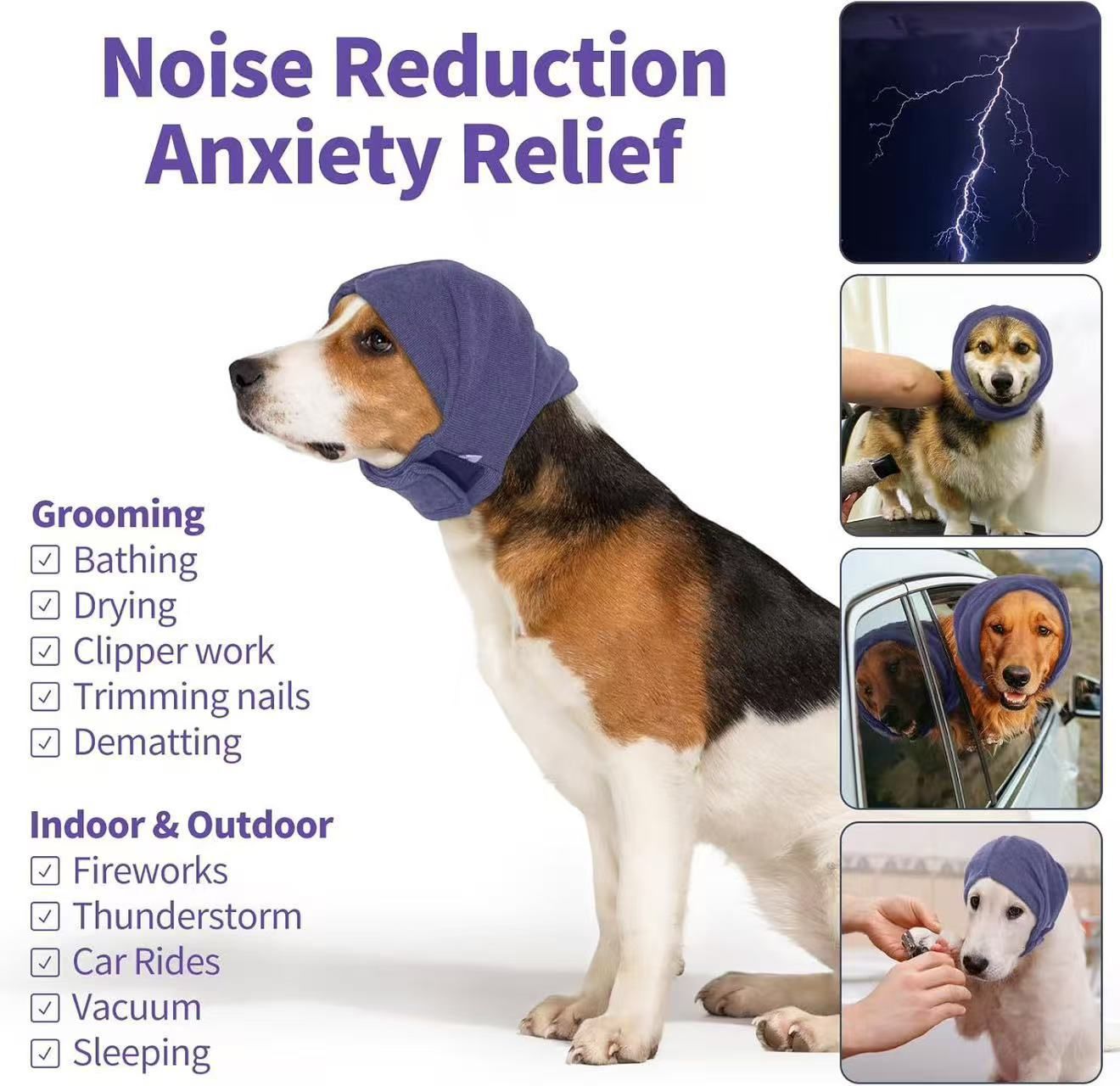 Dog Calming Hoodie, No Shake Ear Wraps for Dogs, Ear Protection Cover Muffs, Head Warp for Anxiety Relief, Noise Reduction, Hematoma, Grooming and Force Drying Protector,（lavender）