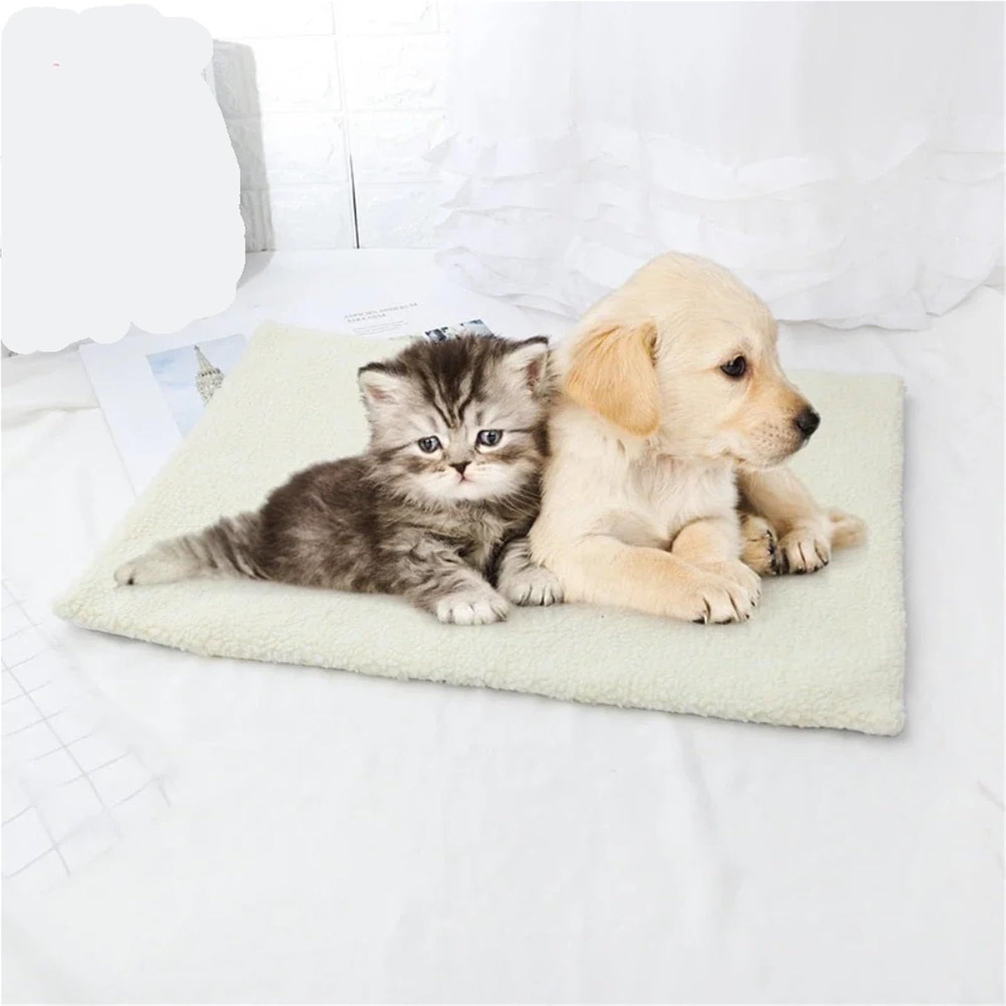 Self Heating Pet Mat for Dogs and Cats, Non Slip Moisture Proof Washable Bed Pad,  Warm Winter Sleeping Carpet(white)