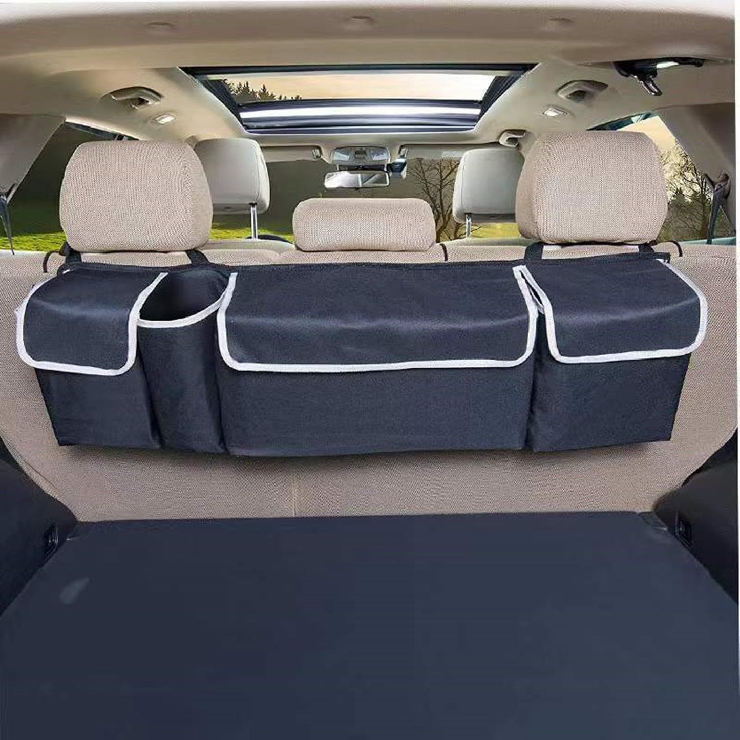 Car Trunk Organizer, Backseat Hanging Large Storage with Adjustable Straps, Waterproof Collapsible Cargo Bag with 4 Pockets, (Black)