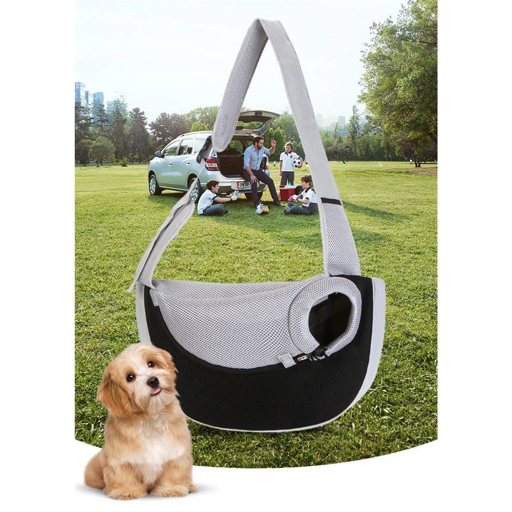 Hand Free Drawstring Dog  with Adjustable Strap, Breathable Mesh Travel Safe Puppy Sling Bag Carrier, Crossbody Satchel Dog Purse with Pocket for Outdoor Dogs Cats（Black with white S）