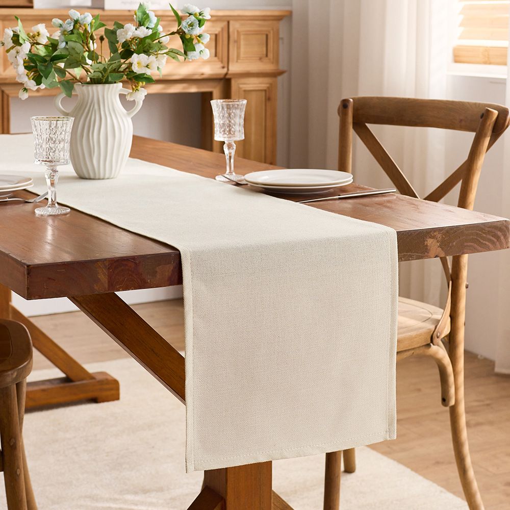 Basic Linen Style Table Runner, 30x140cmOff White, Rustic Farmhouse Creamy White Table Runners , Everyday Polyester Table Runner - Machine Washable & Easy Car