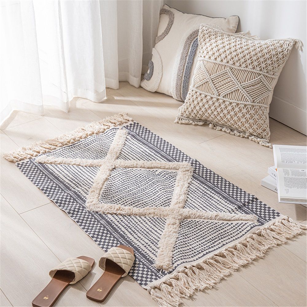 Handmade tassel floor mat, living room, bedroom, carpet, fabric, home, entrance, bathroom, bedside carpet（black）