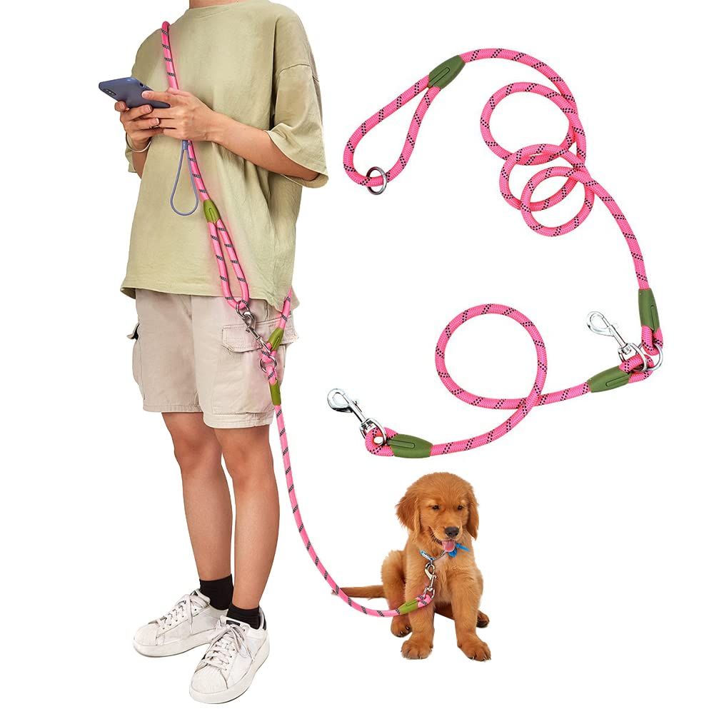 Hands free dog leash for off-road dog running, dog leash for hiking training, hands-free pet leash, heavy-duty reflective pet walking strap (pink 250cm long 1.2m)