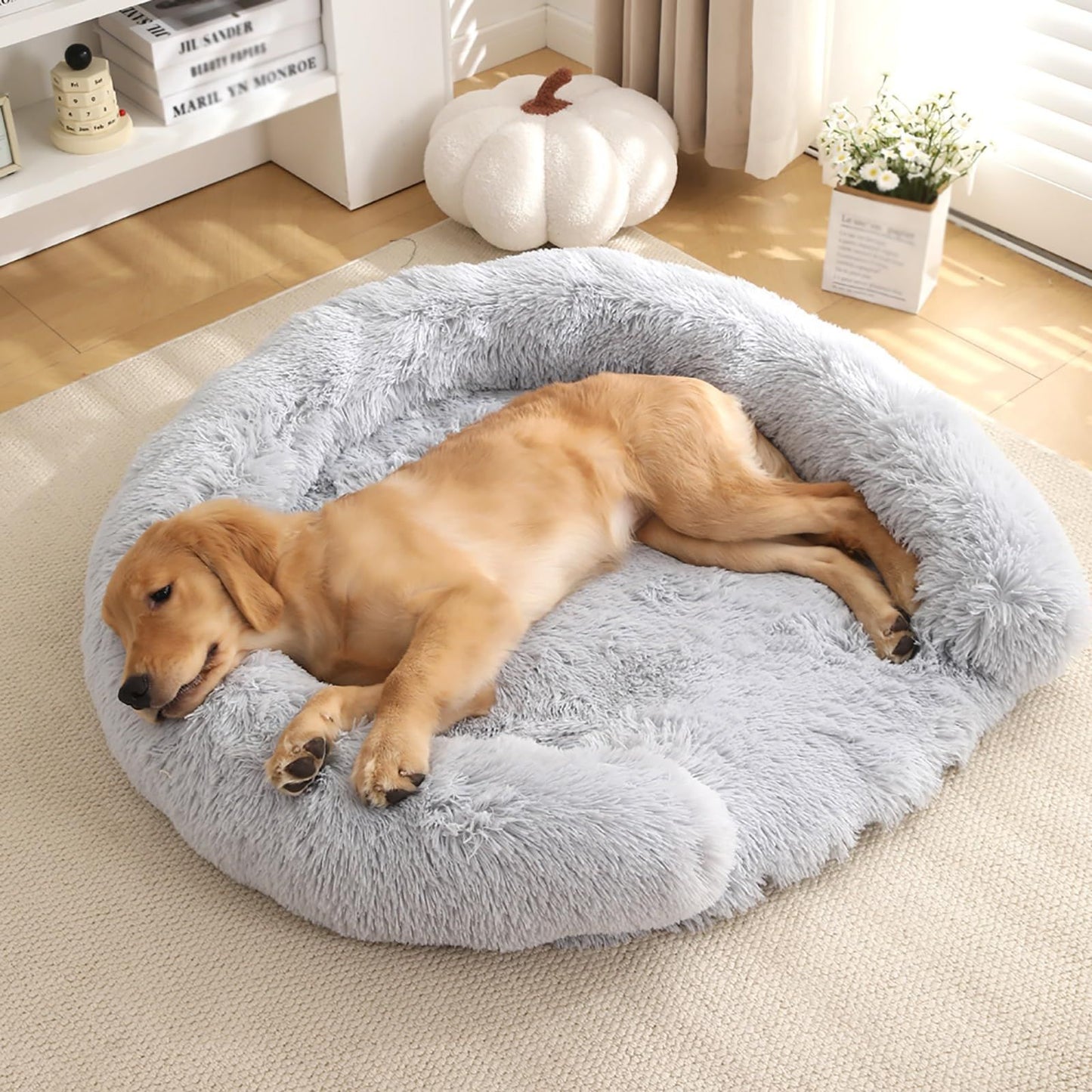 Bedsure Calming Dog Bed for Small Dogs - Donut Washable Small Pet Bed, Anti-Slip Round Fluffy Plush Faux Fur Large Cat Bed, Pale Grey