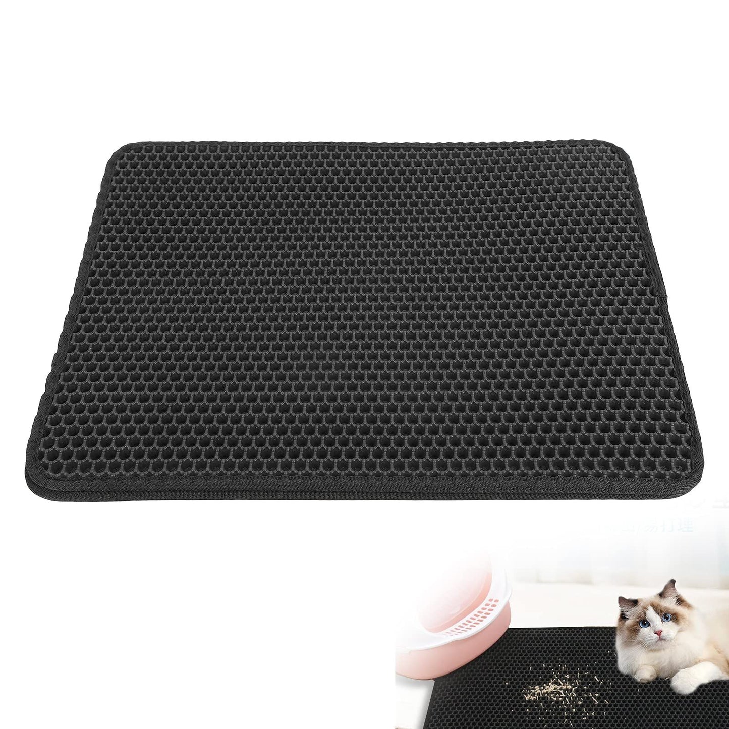 Cat Litter Mat,Double Layer Honeycomb Cat Litter Trapping Mat, Non Slip Waterproof Urine Proof Cat Litter Box Mat for Floor, Kitty Litter Rug, Cat Supplies, Black 30*30cm