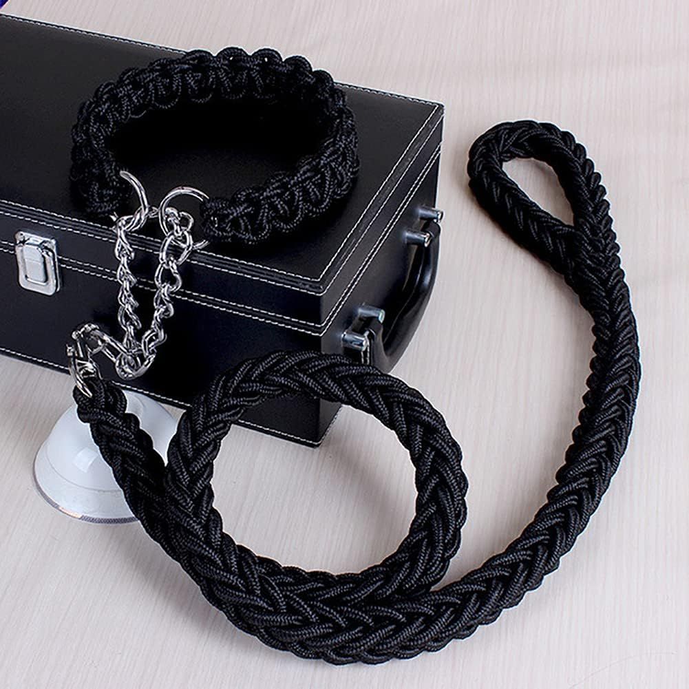 Dog collar and rope, heavy-duty nylon braided rope, sturdy dog collar, suitable for training and walking of small, medium and large dogs (black)