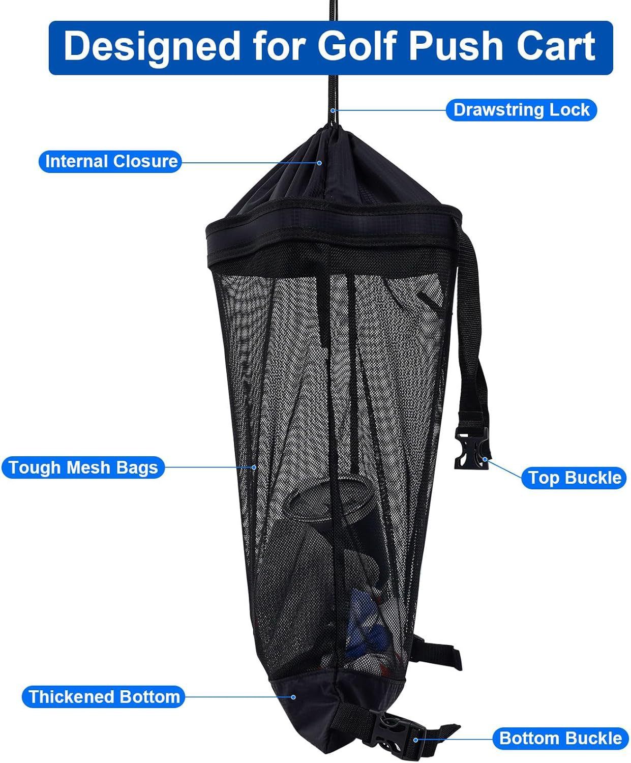 Golf Push Cart Storage Bag,Golf Cart Organizer, Backside Extension Storage Bag,Closure Push Cart Net Mesh Accessories（black 60x41cm）