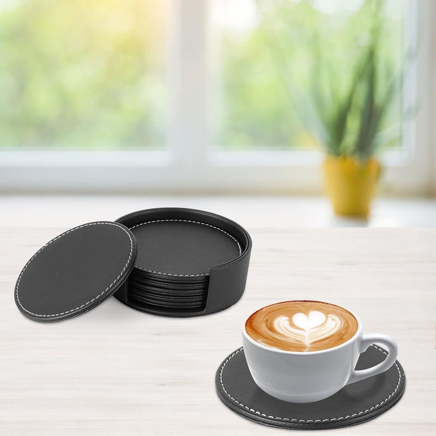 Drinks Coasters with Holder, Pu Leather Coaster Sets of 6 for Tabletop Protection Cup Mat for Drinks 4 Inches (Black)