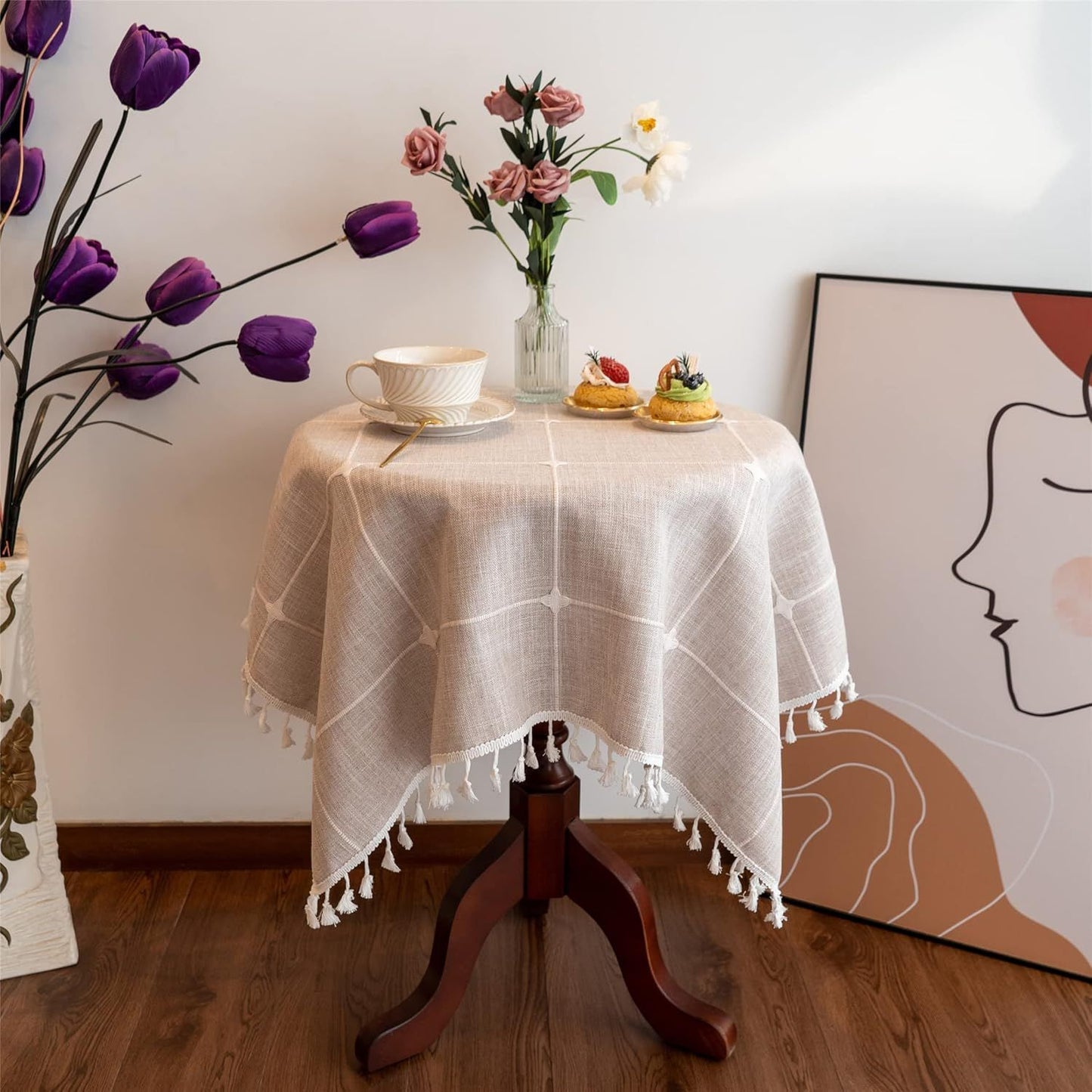 Square Lattice Small Tablecloth Cotton Linen Light Brown Dust-Proof Washable Boho Embroidery Table Cover Rustic Table Cloth for Coffee Party Kitchen Dining Tabletop Decoration 100*140cm
