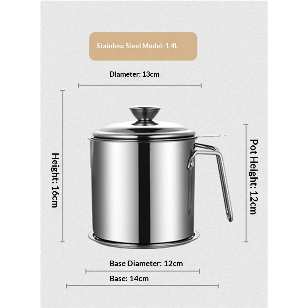 Bacon Grease Container With Strainer, 1.4L Grease Strainer and Container with Dust-Proof Lid, 304 Stainless Steel Oil Filter Storage 1.4L All steel version