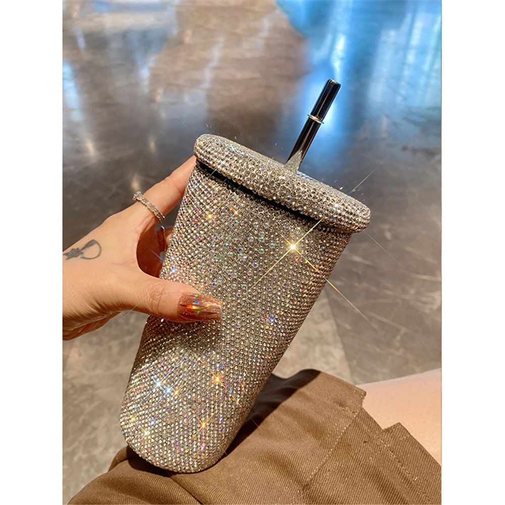 Diamond Bling Water Tumbler With Lid And Straw, Vacuum Insulated Stainless Steel, Reusable Large Handmade Sparkly Tumbler for Women, Mixed white diamond