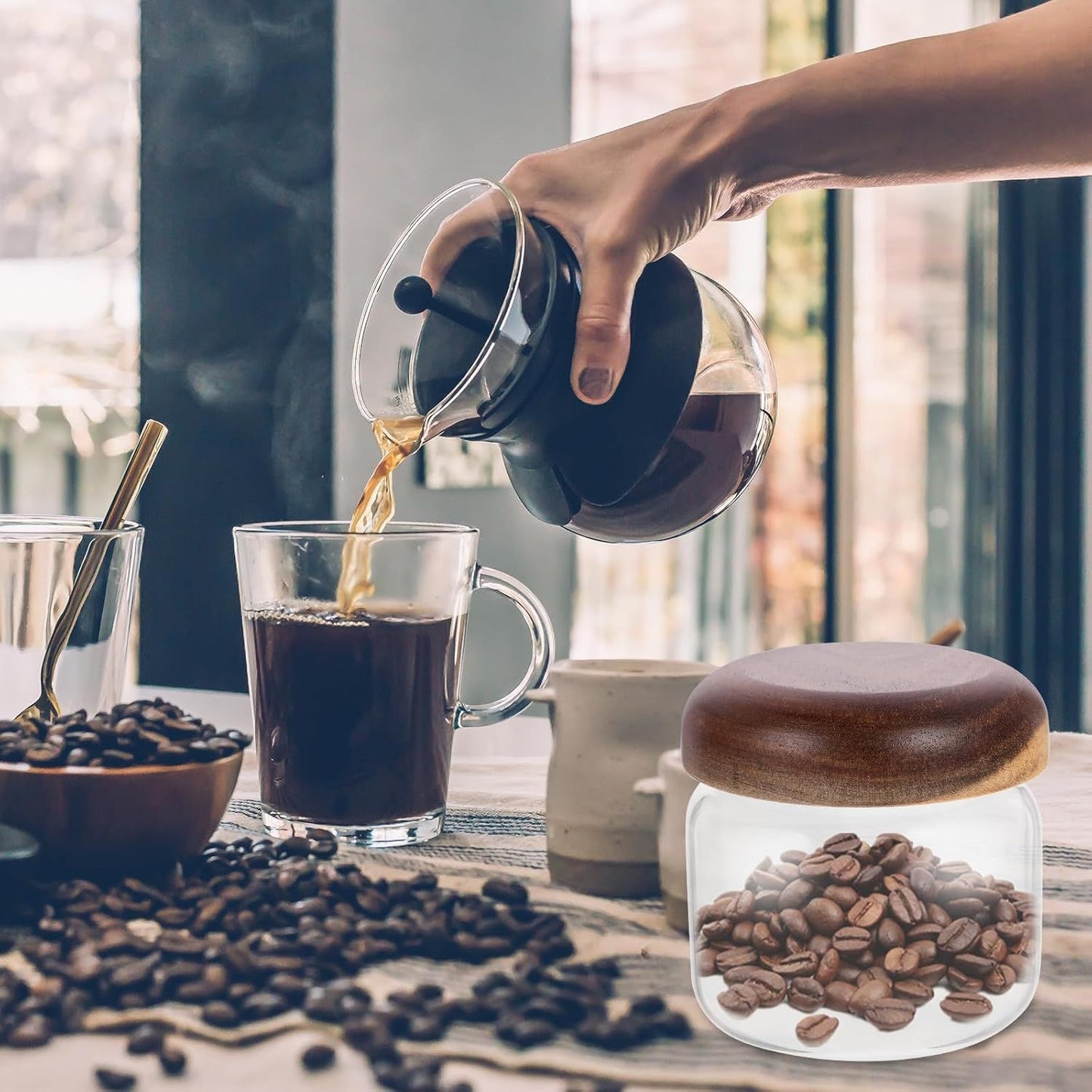 Glass Food Storage Container with Wooden Lids Small Coffee Jar Sugar Canister Airtight Food Storage Container Coffee Container for Nut Spice Candy Loose Tea（9.5*8cm）