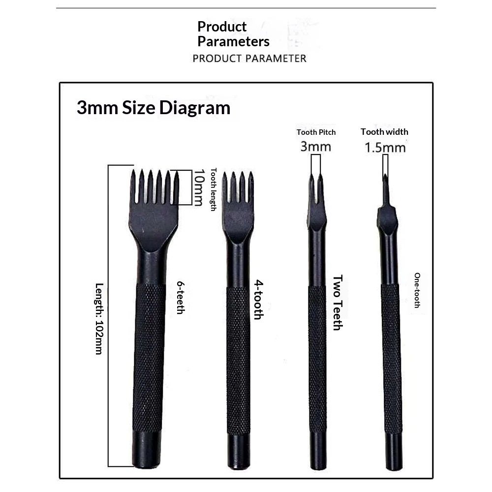 3mm Leather Craft Tools Set 1/2/4/6Prong DIY Diamond Stitching Leather Punch, Tapered Punch with Inner Teeth Polishing for Smooth Labor-Saving Operation