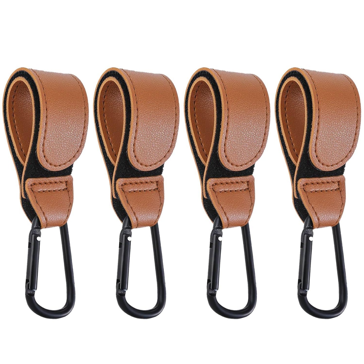 Baby Stroller Hooks Bag Hooks for Hanging Diaper Bags Multipurpose Hooks for Grocery Shopping Bags Premium Vegan Leather Pram Straps 4 Pcs (Brown)