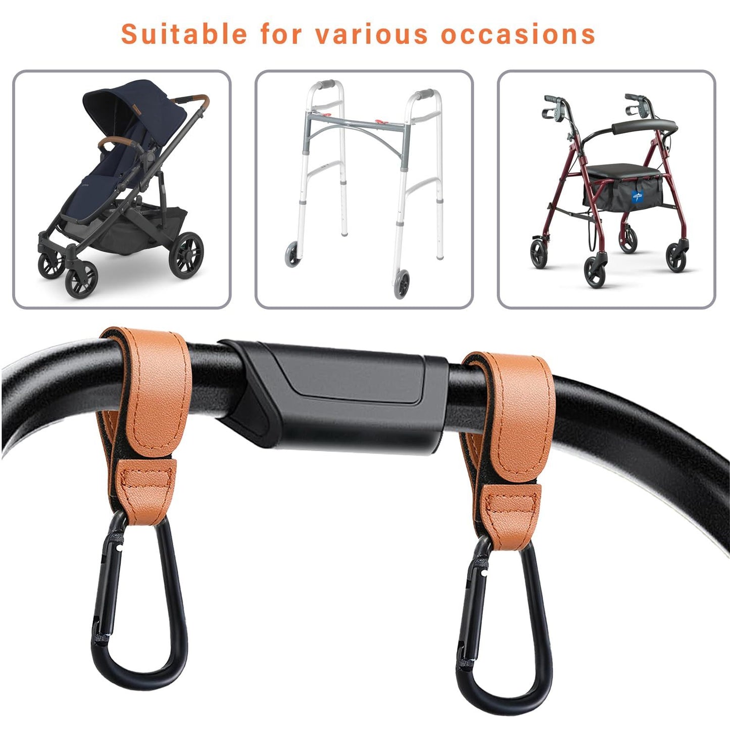 Baby Stroller Hooks Bag Hooks for Hanging Diaper Bags Multipurpose Hooks for Grocery Shopping Bags Premium Vegan Leather Pram Straps 4 Pcs (Brown)