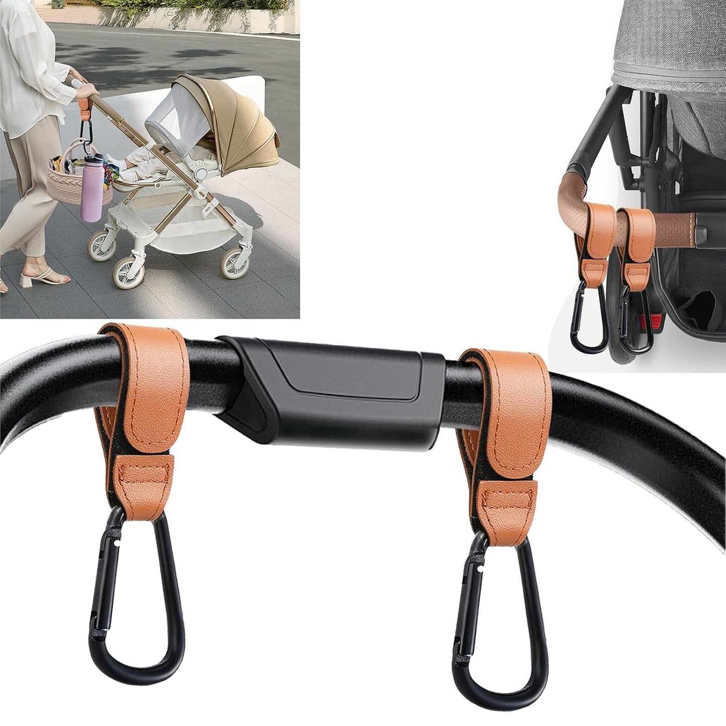 Baby Stroller Hooks Bag Hooks for Hanging Diaper Bags Multipurpose Hooks for Grocery Shopping Bags Premium Vegan Leather Pram Straps 4 Pcs (Brown)