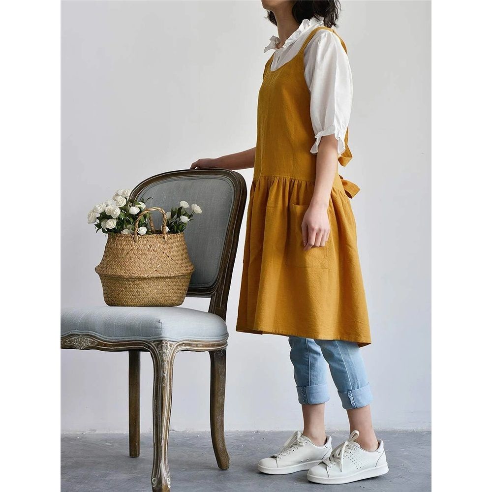 Women's cotton and linen apron with cooking and cleaning pockets, yellow, without waistband (ginger yellow)
