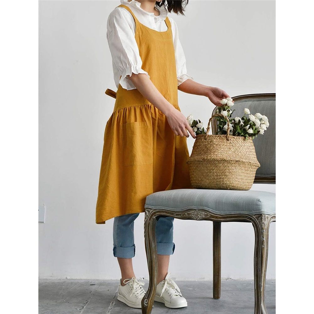 Women's cotton and linen apron with cooking and cleaning pockets, yellow, without waistband (ginger yellow)