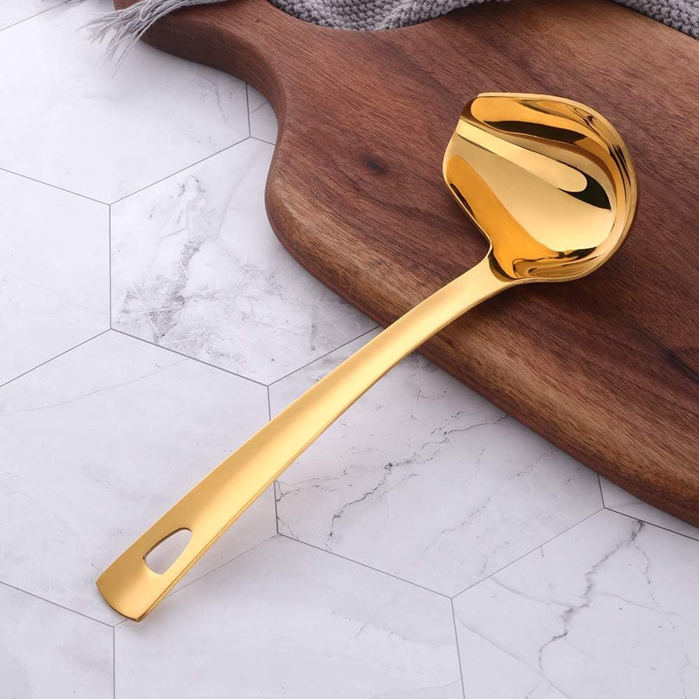 403  Stainless Steel Kitchen Ladle Cooking Utensils with Handle,Heavy Duty Serving Large Soup Spoon,Dishwasher Safe(Gold)