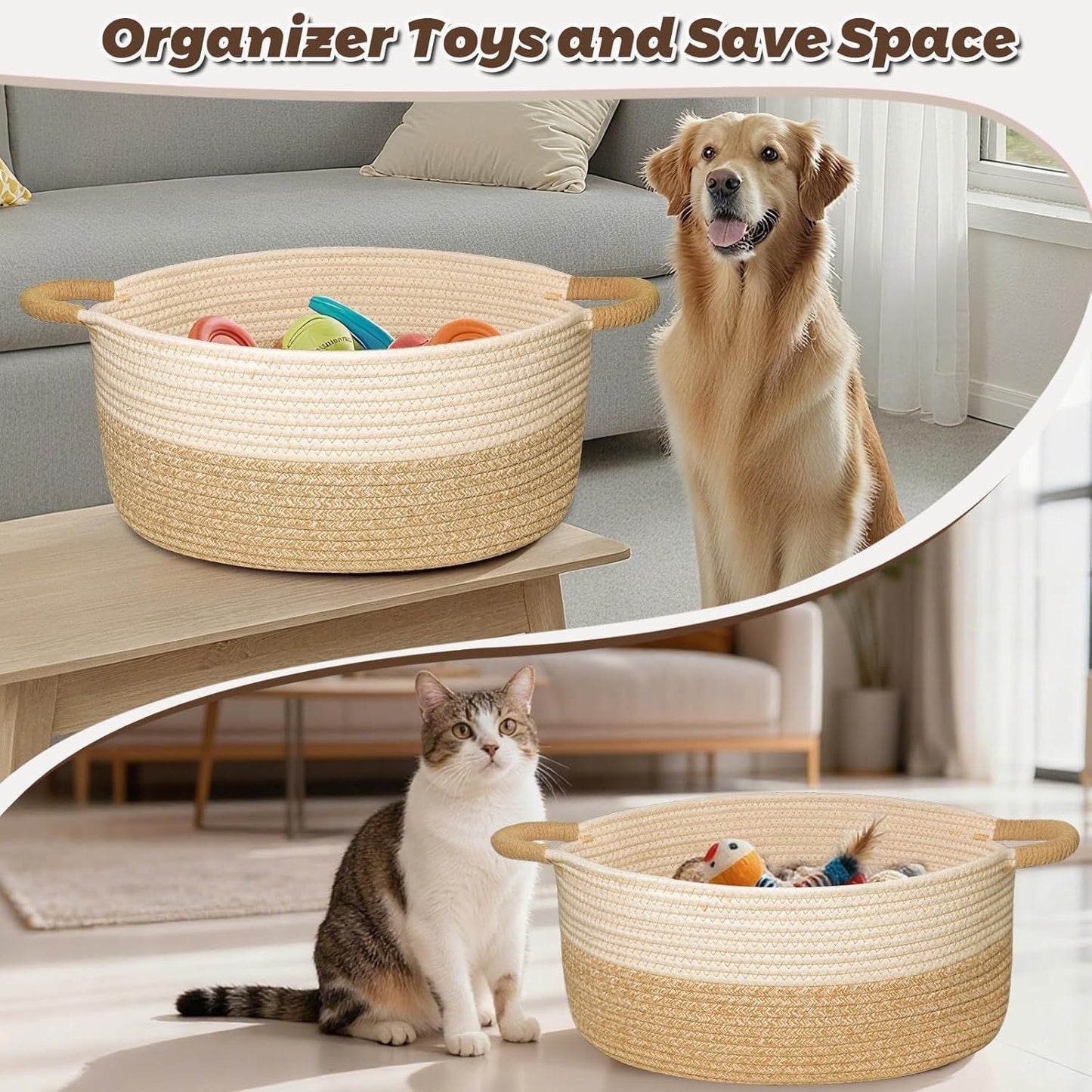 Medium Rope Basket with Handles, Medium Storage Basket, Home Decor Organizer for Towels,toys, Books & Magazines