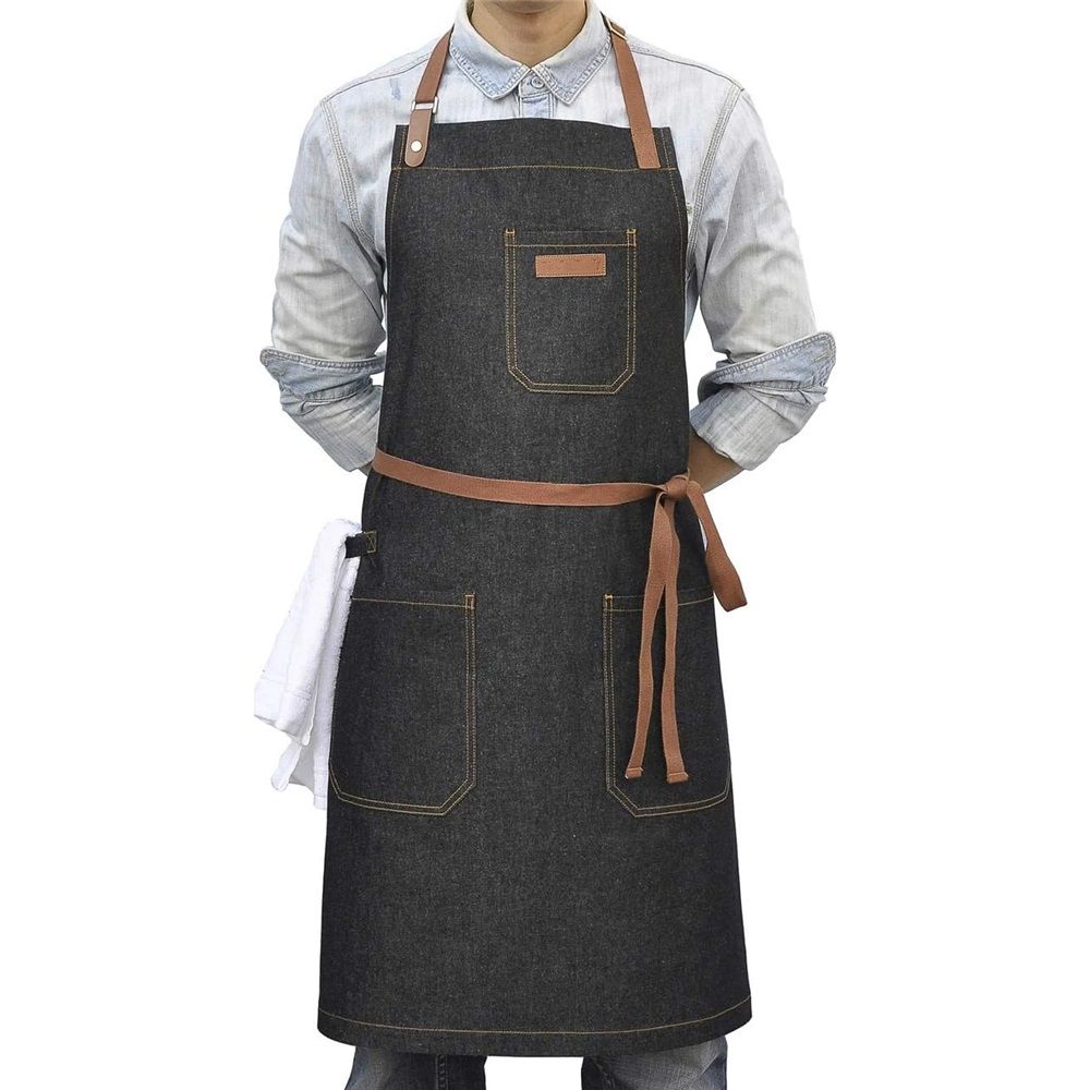 Denim Chef Apron with Pockets, Mens Womens Professional Kitchen Bib Black Apron for Cooking Grill BBQ Server, with Towel Loop and Adjustable Neck Straps