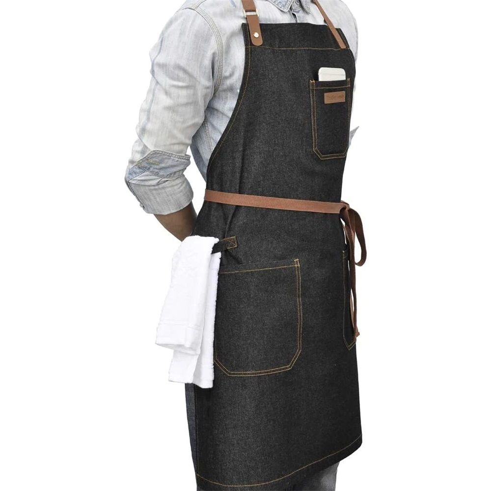 Denim Chef Apron with Pockets, Mens Womens Professional Kitchen Bib Black Apron for Cooking Grill BBQ Server, with Towel Loop and Adjustable Neck Straps