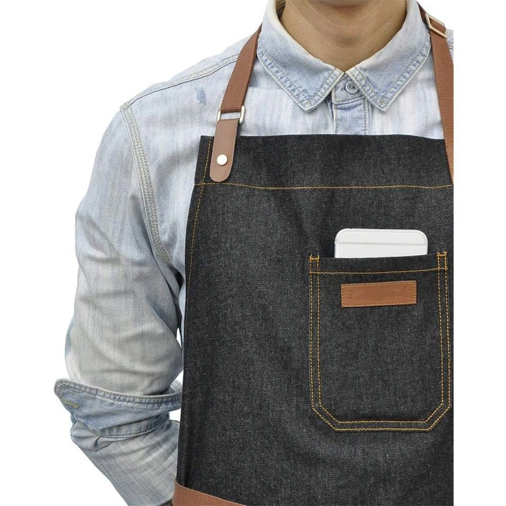 Denim Chef Apron with Pockets, Mens Womens Professional Kitchen Bib Black Apron for Cooking Grill BBQ Server, with Towel Loop and Adjustable Neck Straps