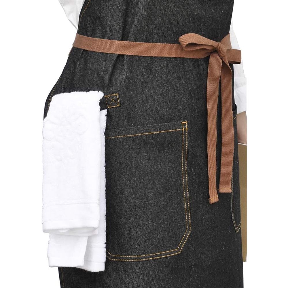 Denim Chef Apron with Pockets, Mens Womens Professional Kitchen Bib Black Apron for Cooking Grill BBQ Server, with Towel Loop and Adjustable Neck Straps