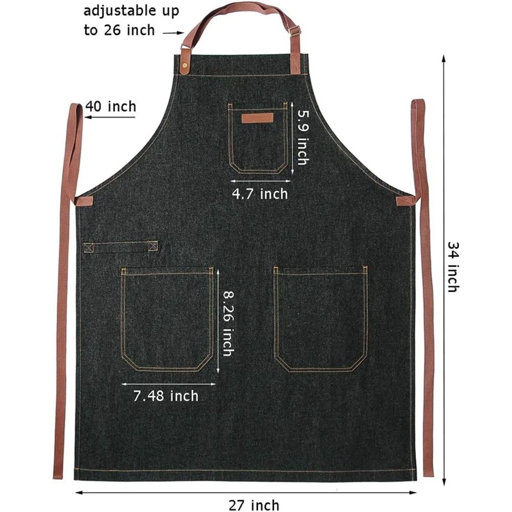 Denim Chef Apron with Pockets, Mens Womens Professional Kitchen Bib Black Apron for Cooking Grill BBQ Server, with Towel Loop and Adjustable Neck Straps