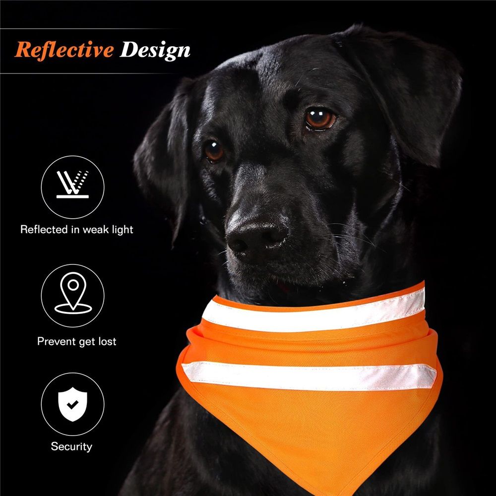 2pcs Pet reflective triangular scarf, pet snack storage mesh bag, scarf reflective cat and dog drool towel（orange M）