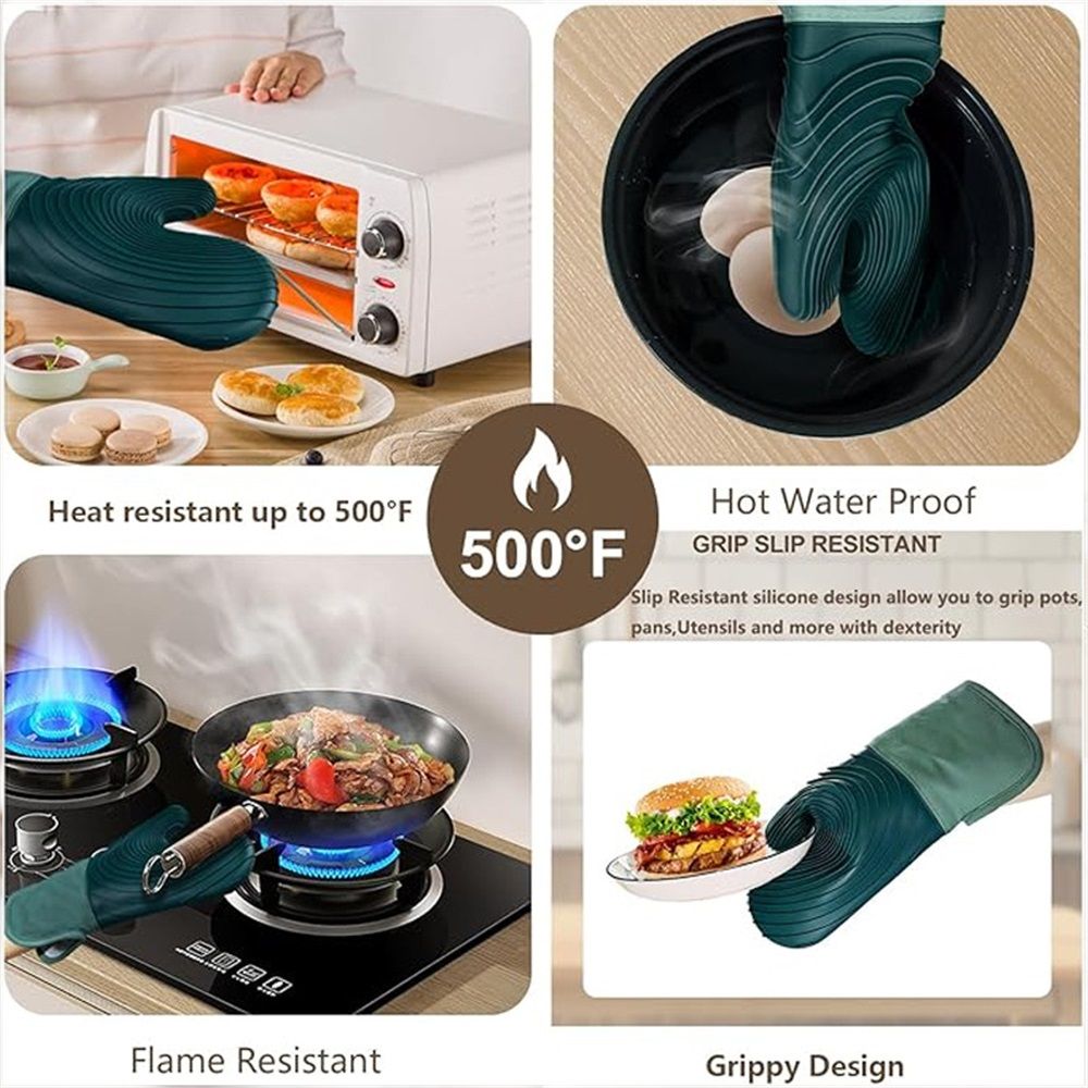 a pair of Silicone insulated gloves for microwave oven, heat-resistant kitchen, thick microwave oven baking gloves, (Green)