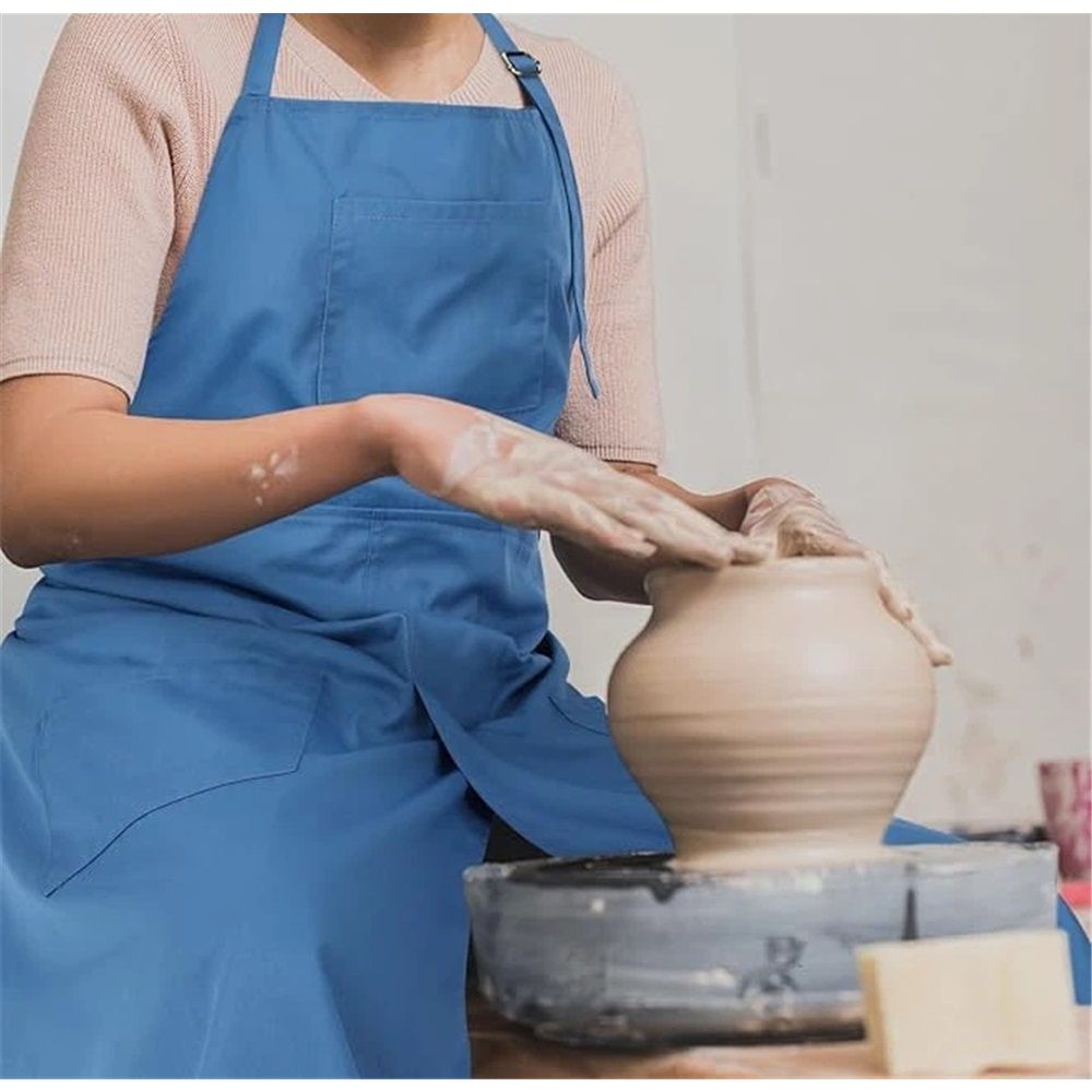 Hanging neck canvas apron long style Pottery Apron with Split Leg, Long Unisex Artist Aprons with 3 Pockets for Ceramics & Clay（ Blue)
