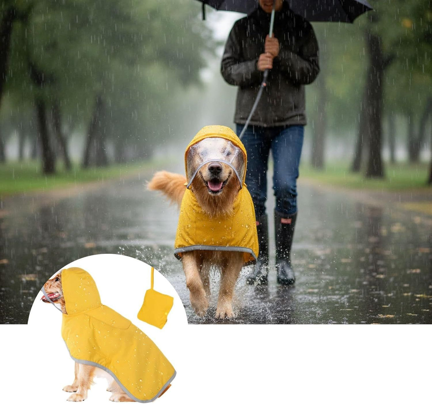 Dog Raincoat, Adjustable Dog Rain Jacket Clear Hooded Double Layer, Waterproof Poncho with Reflective Strip Straps and Storage Pocket for Small Medium Large Puppies(M)