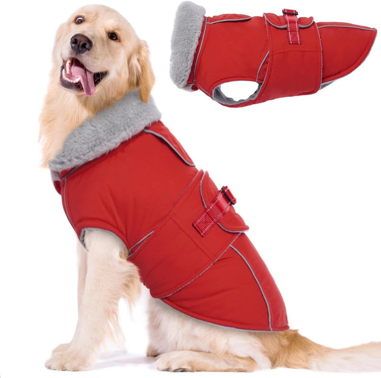 Warm Dog Coat Waterproof Dog Jacket Reflective Vest with Adjustable Buckle Hook & Loop, Windproof Winter Jacket Dogs Coats for Small Medium Large Dogs, Red,L