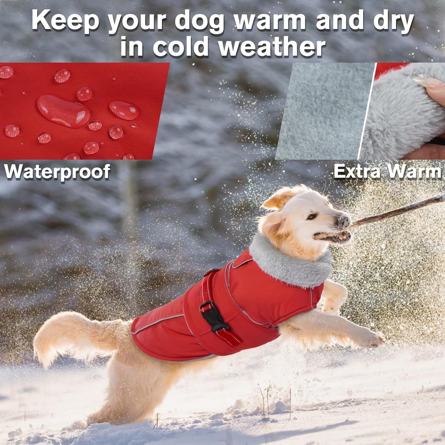Warm Dog Coat Waterproof Dog Jacket Reflective Vest with Adjustable Buckle Hook & Loop, Windproof Winter Jacket Dogs Coats for Small Medium Large Dogs, Red,L