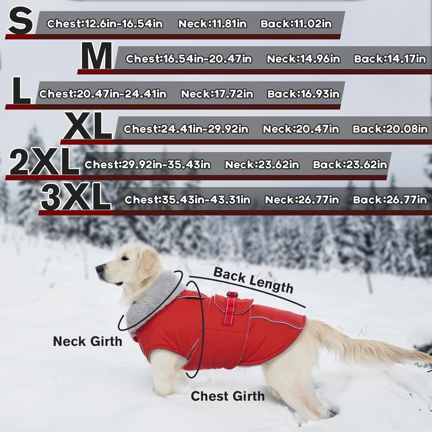 Warm Dog Coat Waterproof Dog Jacket Reflective Vest with Adjustable Buckle Hook & Loop, Windproof Winter Jacket Dogs Coats for Small Medium Large Dogs, Red,L