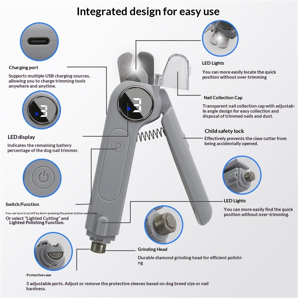 2-in-1 Dog Nail Clippers & Grinder with Light, Quiet Electric Pet Nail Trimmer for Large Medium Small Dogs & Cats, Rechargeable, Splash Guard & Safety Lock, Painless Grooming Tool (Grey)