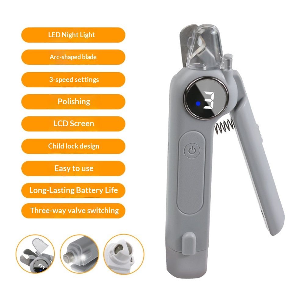 2-in-1 Dog Nail Clippers & Grinder with Light, Quiet Electric Pet Nail Trimmer for Large Medium Small Dogs & Cats, Rechargeable, Splash Guard & Safety Lock, Painless Grooming Tool (Grey)