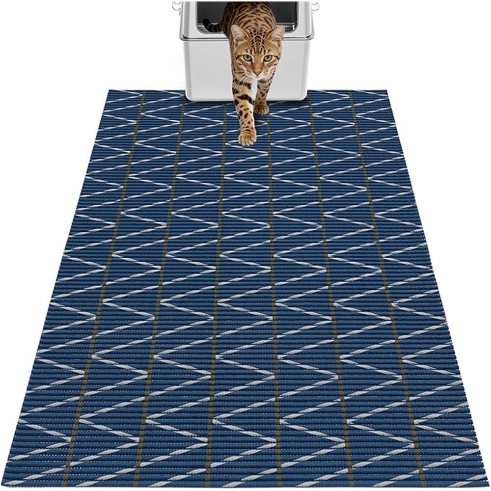 Cat Litter Mat, 103CM*64CM Trimable & Soft Foam Pad, Leak-Proof & Non-Slip Bottom, Reusable （Blue background with white stripes）