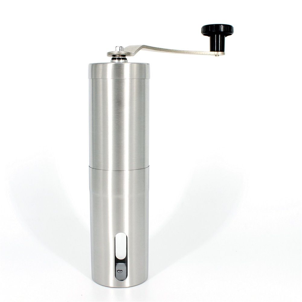 Mini manual coffee grinder with brush, portable stainless steel design, ideal for camping (silver 18cm)
